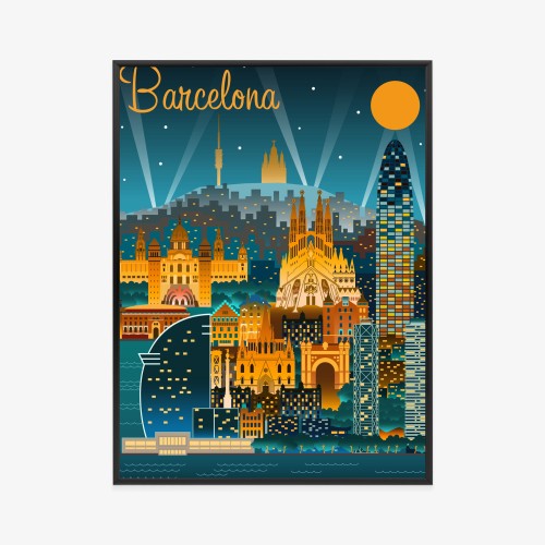 Plakat Barcelona Nocą Z Oświetlonymi Budynkami