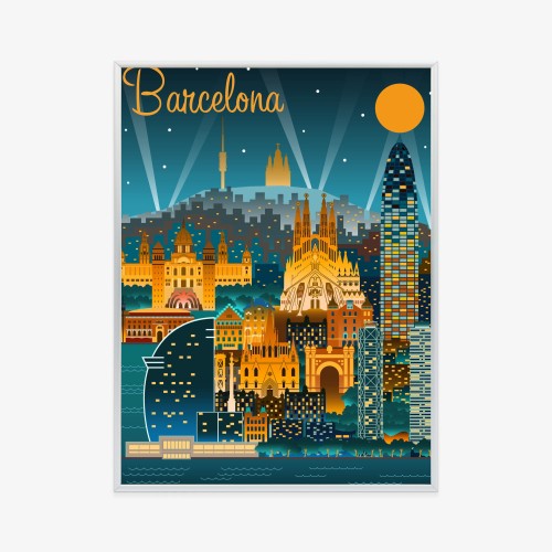 Plakat Barcelona Nocą Z Oświetlonymi Budynkami