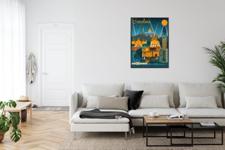 Plakat Barcelona Nocą Z Oświetlonymi Budynkami