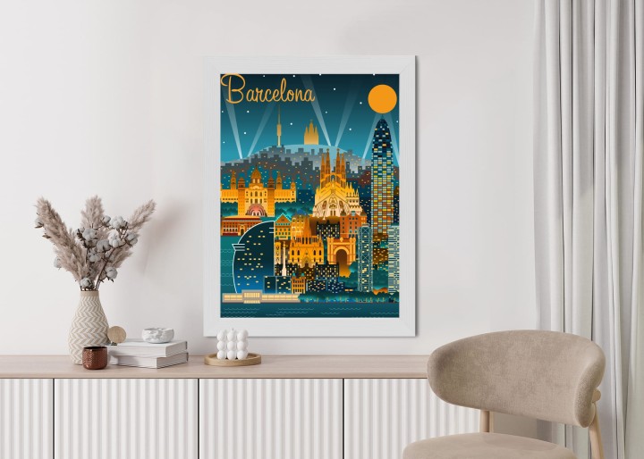 Plakat Barcelona Nocą Z Oświetlonymi Budynkami