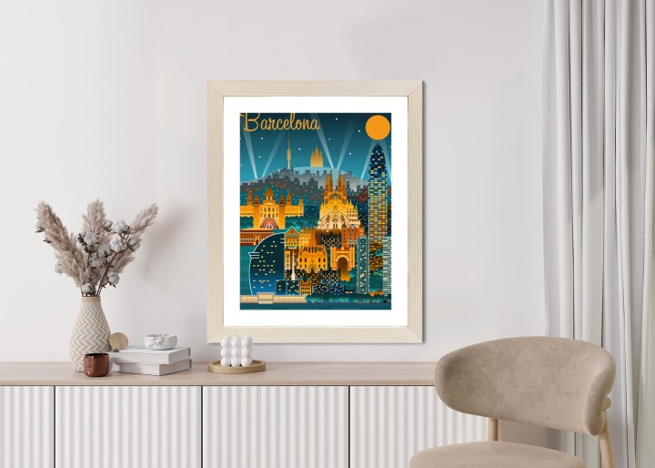 Plakat Barcelona Nocą Z Oświetlonymi Budynkami