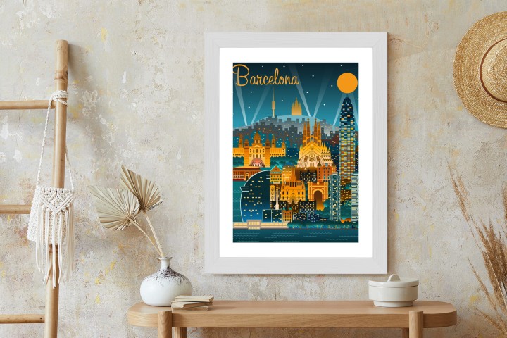 Plakat Barcelona Nocą Z Oświetlonymi Budynkami
