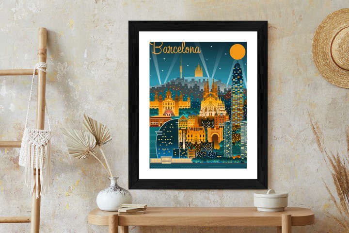 Plakat Barcelona Nocą Z Oświetlonymi Budynkami