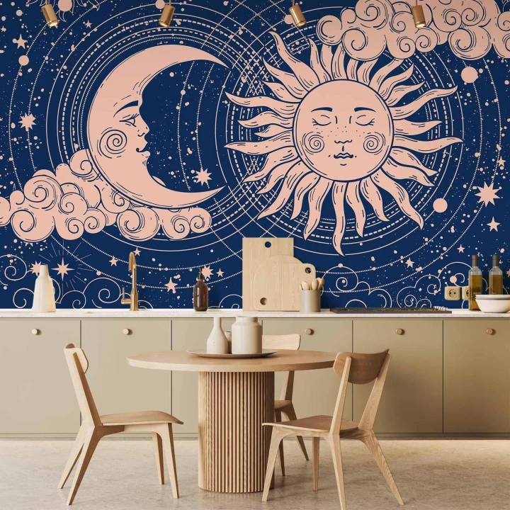 Fototapeta - Kosmiczna Harmonia - ilustracja słońca i księżyca na granatowym tle