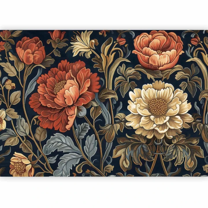 Fototapeta - Gobelinowe wielkie kwiaty retro motyw florystyczny w stylu kilimu