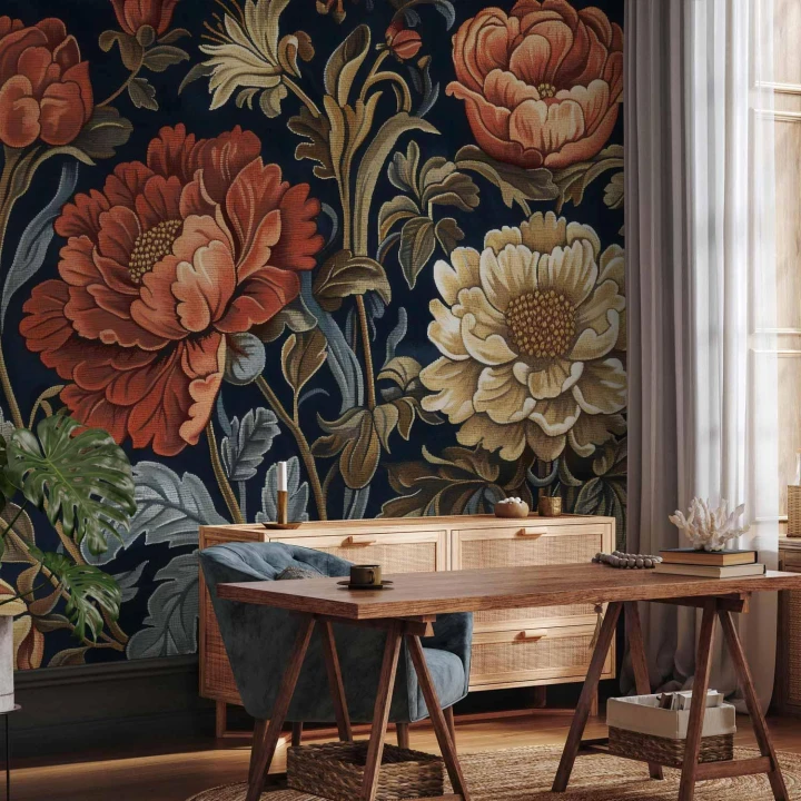 Fototapeta - Gobelinowe wielkie kwiaty retro motyw florystyczny w stylu kilimu
