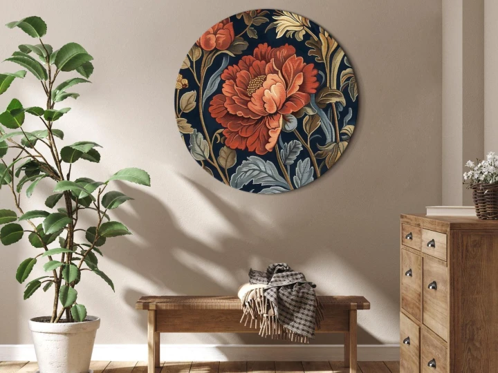 Obraz okrągły - Gobelinowe wielkie kwiaty: retro motyw florystyczny w stylu kilimu
