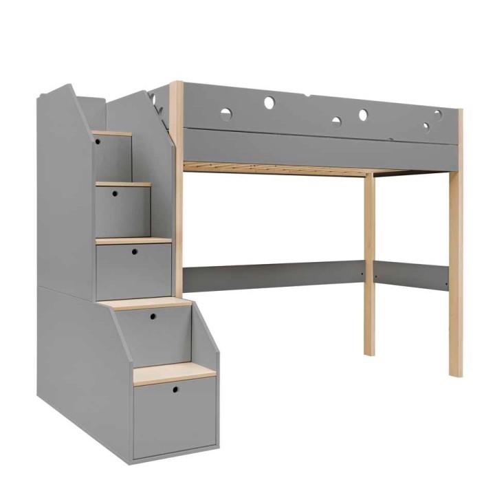 Łóżko na antresoli ze schodami Funflex szare 90x200
