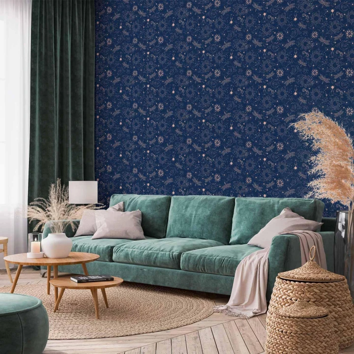 Tapeta - Kosmiczna Fantazja - wzór z słońcami - księżycami i ważkami na ciemnym tle