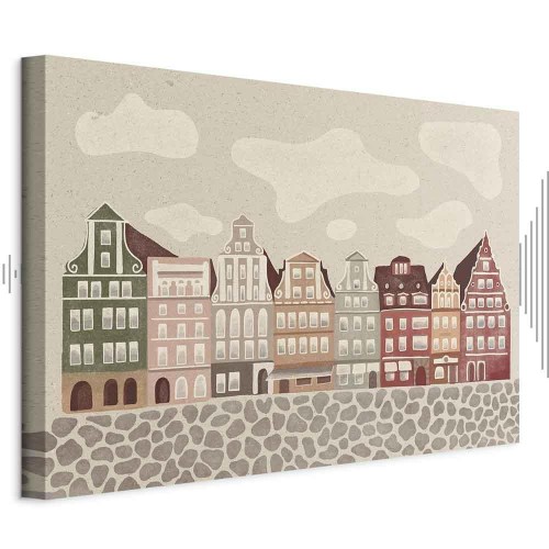 Obraz - Plac Solny - kolorowe ilustrowane kamieniczki na tle nieba z chmurami