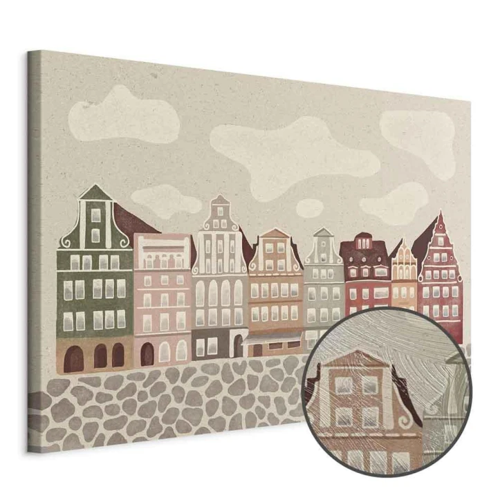 Obraz - Plac Solny - kolorowe ilustrowane kamieniczki na tle nieba z chmurami