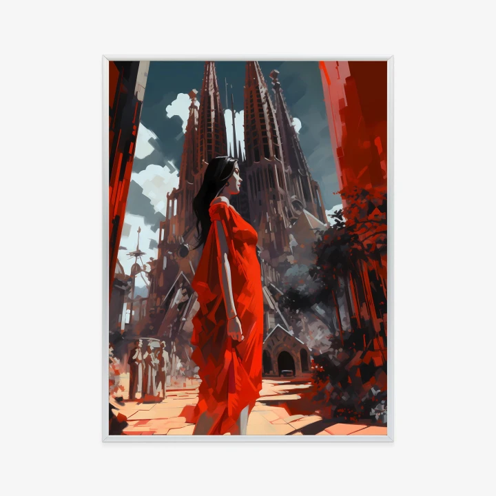 Plakat Kobieta W Czerwonej Sukience W Barcelonie