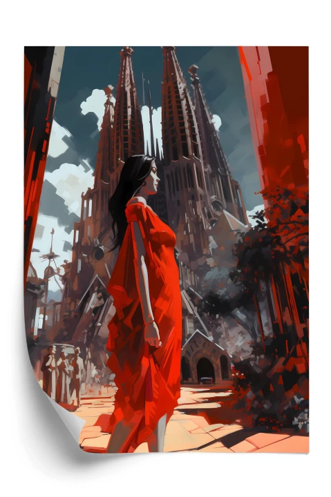 Plakat Kobieta W Czerwonej Sukience W Barcelonie