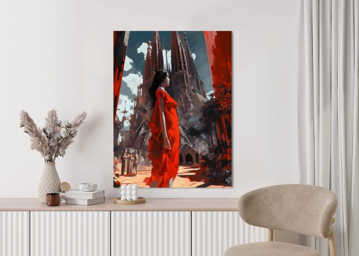 Plakat Kobieta W Czerwonej Sukience W Barcelonie