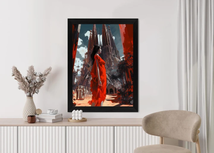 Plakat Kobieta W Czerwonej Sukience W Barcelonie