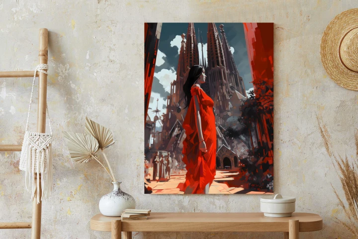 Plakat Kobieta W Czerwonej Sukience W Barcelonie
