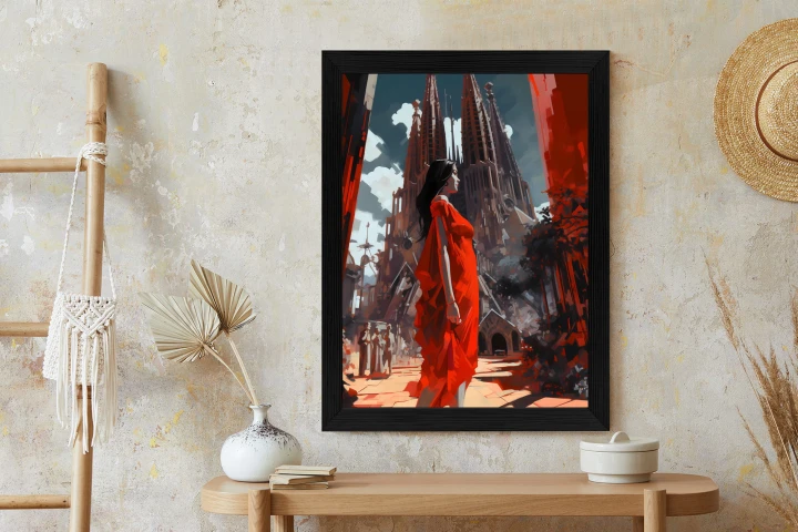 Plakat Kobieta W Czerwonej Sukience W Barcelonie