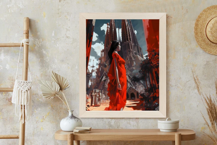 Plakat Kobieta W Czerwonej Sukience W Barcelonie