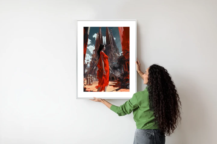 Plakat Kobieta W Czerwonej Sukience W Barcelonie