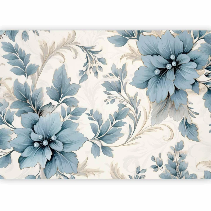 Fototapeta - Turkusowe kwiaty w retro klimacie - florystyczne ornamenty