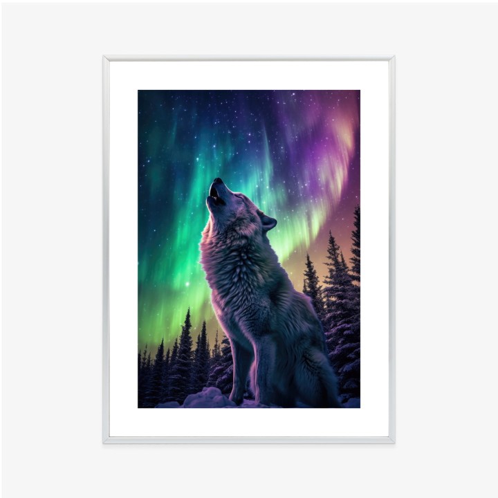Plakat Wilk Wyjący I Zorza Polarna