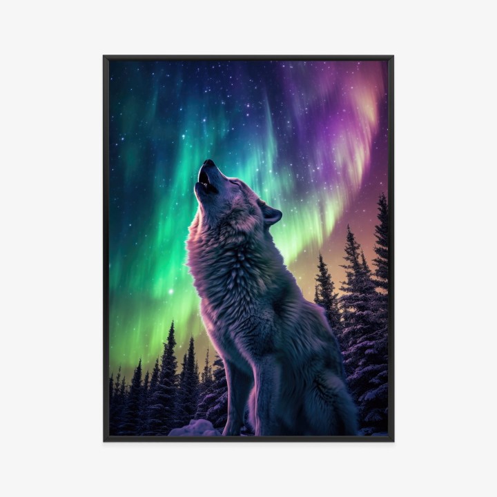 Plakat Wilk Wyjący I Zorza Polarna