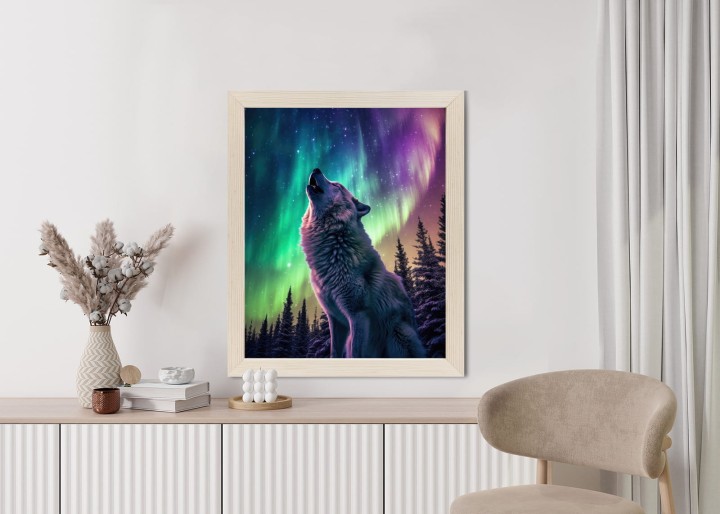 Plakat Wilk Wyjący I Zorza Polarna