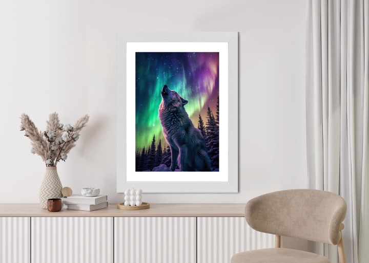 Plakat Wilk Wyjący I Zorza Polarna