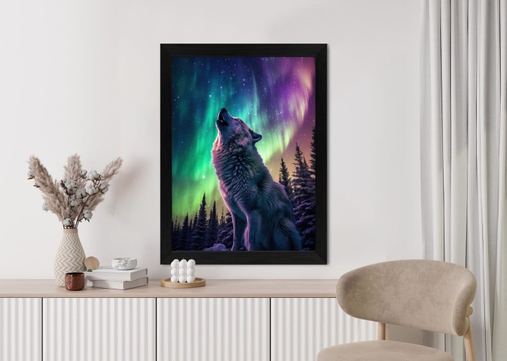 Plakat Wilk Wyjący I Zorza Polarna