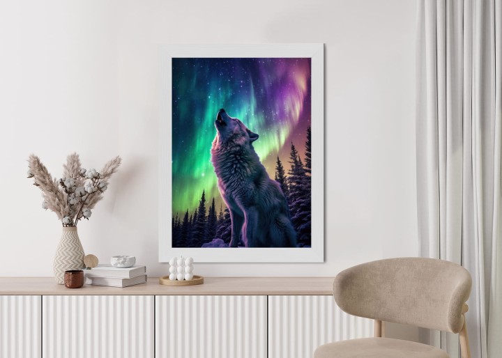Plakat Wilk Wyjący I Zorza Polarna