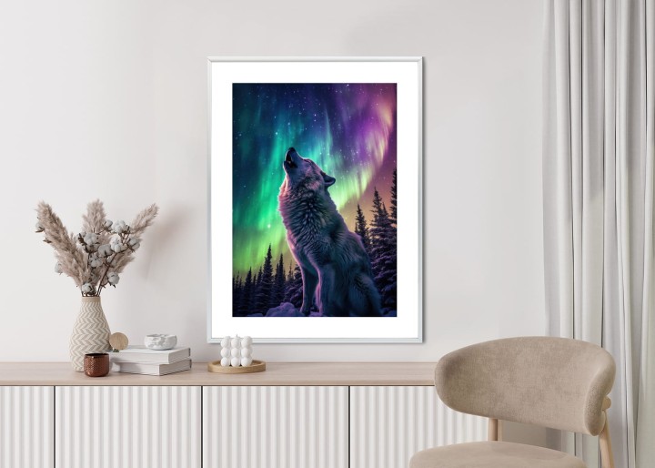 Plakat Wilk Wyjący I Zorza Polarna