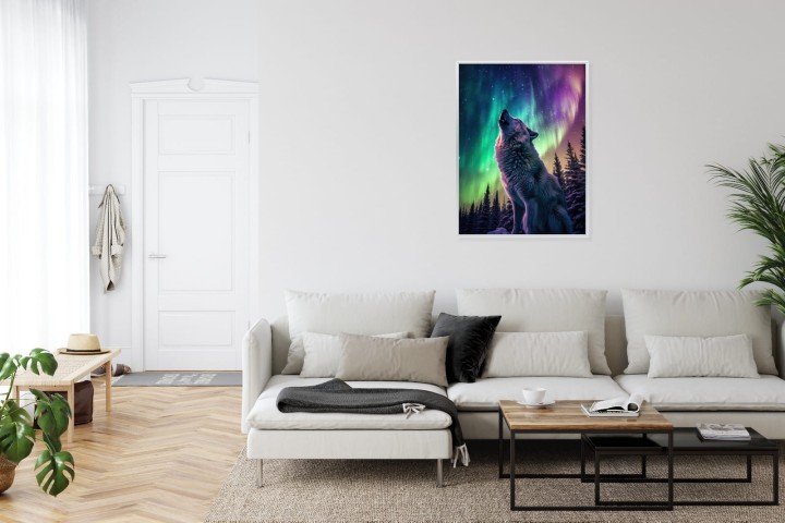 Plakat Wilk Wyjący I Zorza Polarna