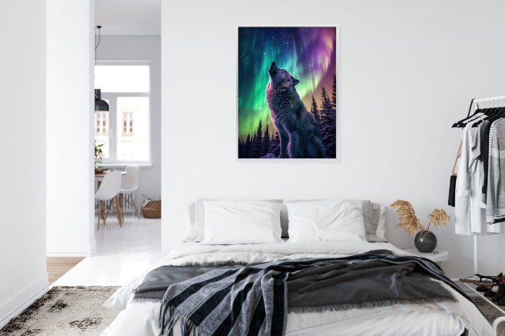 Plakat Wilk Wyjący I Zorza Polarna