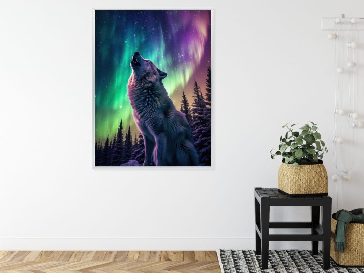 Plakat Wilk Wyjący I Zorza Polarna