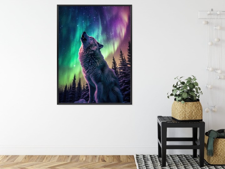 Plakat Wilk Wyjący I Zorza Polarna