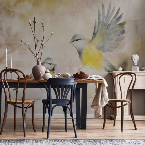 Fototapeta - Malowane sikorki - motyw ptaków z deseniami w żółto-beżowych tonach