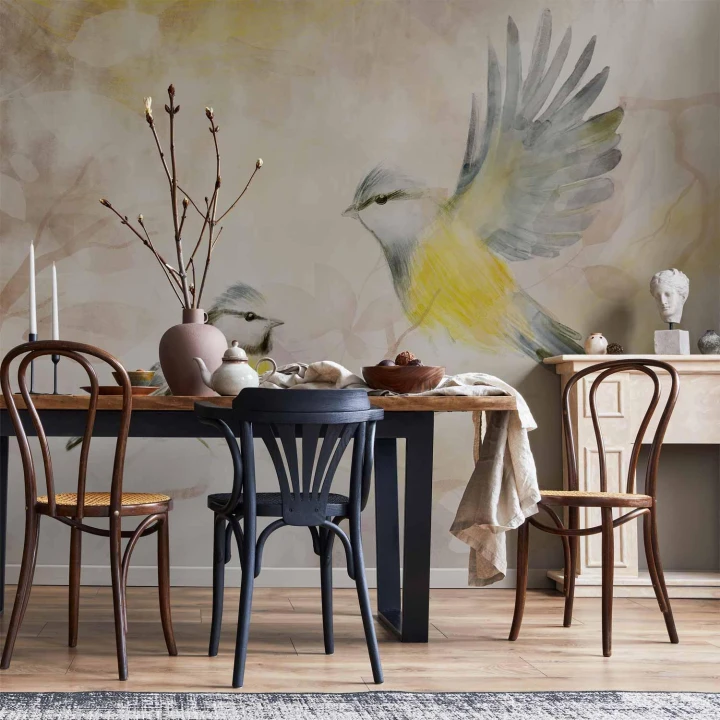 Fototapeta - Malowane sikorki - motyw ptaków z deseniami w żółto-beżowych tonach