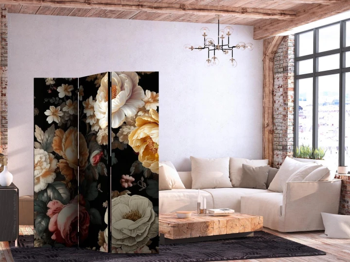 Parawan - Florystyka w stylu vintage - ogrom kolorowych kwiatów na czarnym tle