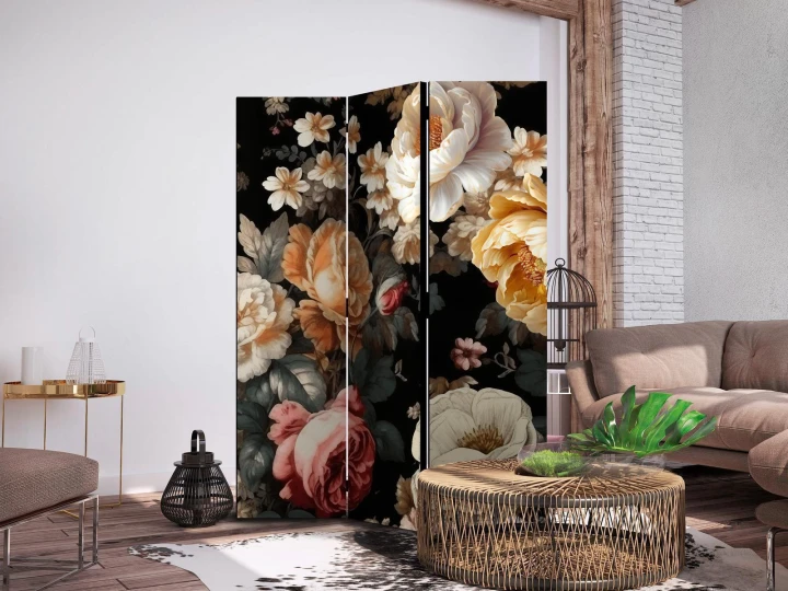 Parawan - Florystyka w stylu vintage - ogrom kolorowych kwiatów na czarnym tle