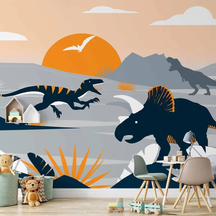 Fototapeta - Ostatnie dinozaury z pomarańczowym - abstrakcyjny krajobraz do pokoju