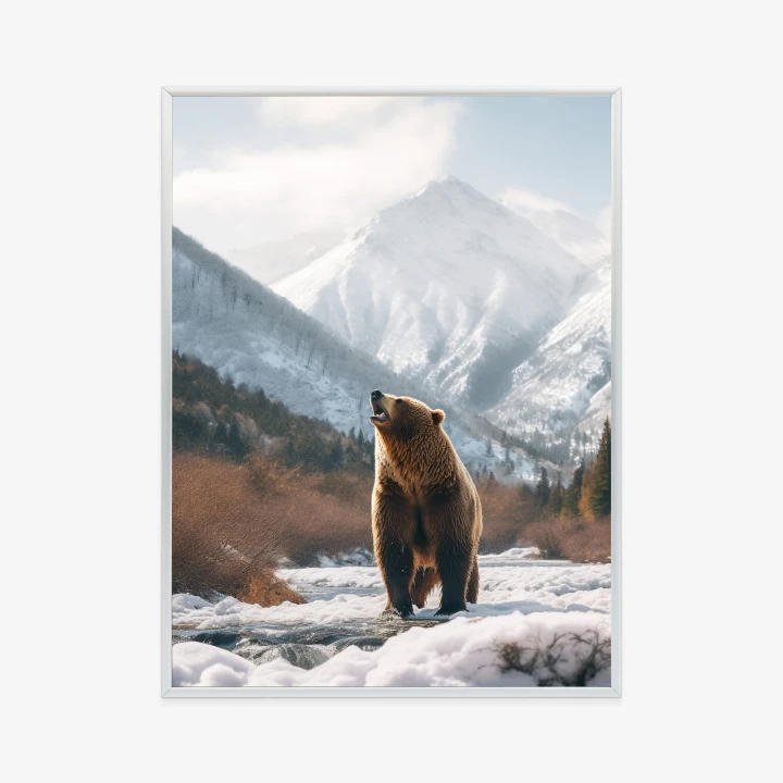Plakat Niedźwiedź Grizzly Przed Śnieżnym Pasmem Górskim