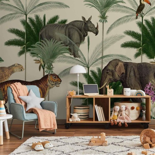 Fototapeta - Dżungla kraina ze zwierzątkami w stylu dawnych rycin