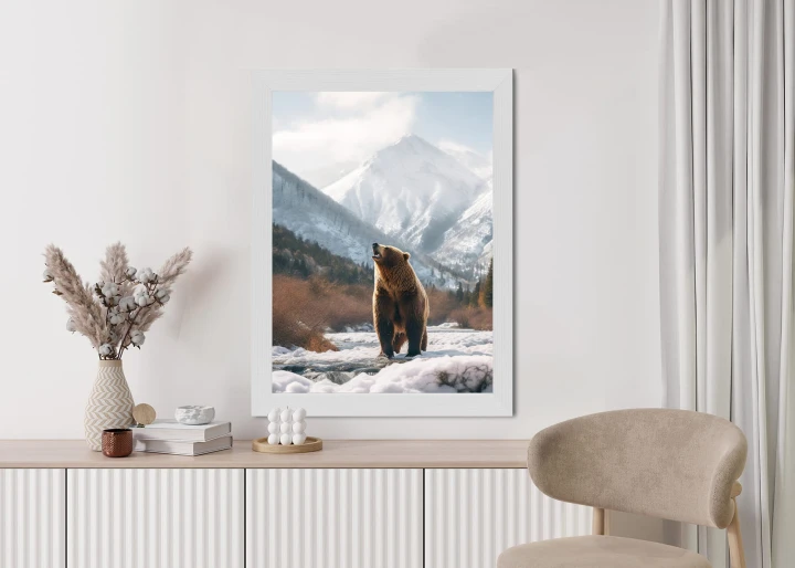 Plakat Niedźwiedź Grizzly Przed Śnieżnym Pasmem Górskim