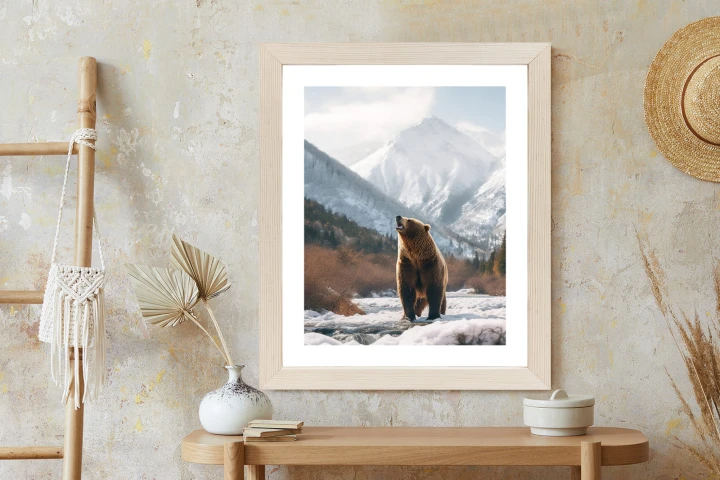 Plakat Niedźwiedź Grizzly Przed Śnieżnym Pasmem Górskim