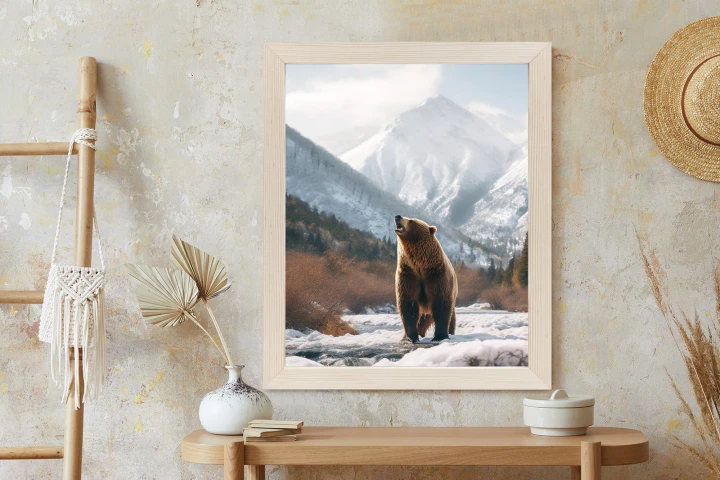 Plakat Niedźwiedź Grizzly Przed Śnieżnym Pasmem Górskim