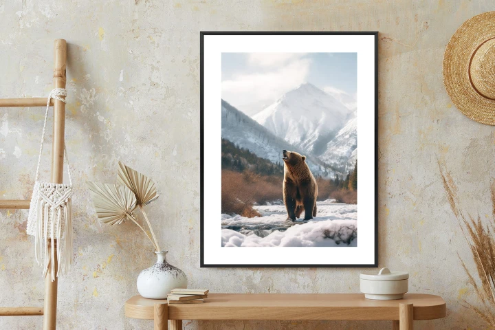 Plakat Niedźwiedź Grizzly Przed Śnieżnym Pasmem Górskim
