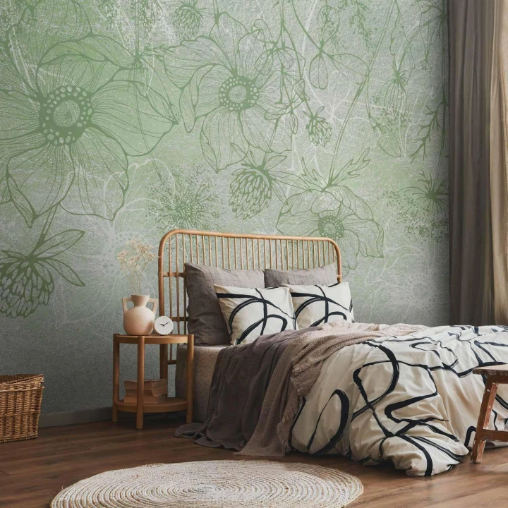 Fototapeta - Kwiecista łąka - natura z polnymi kwiatami lineart na zielonym tle