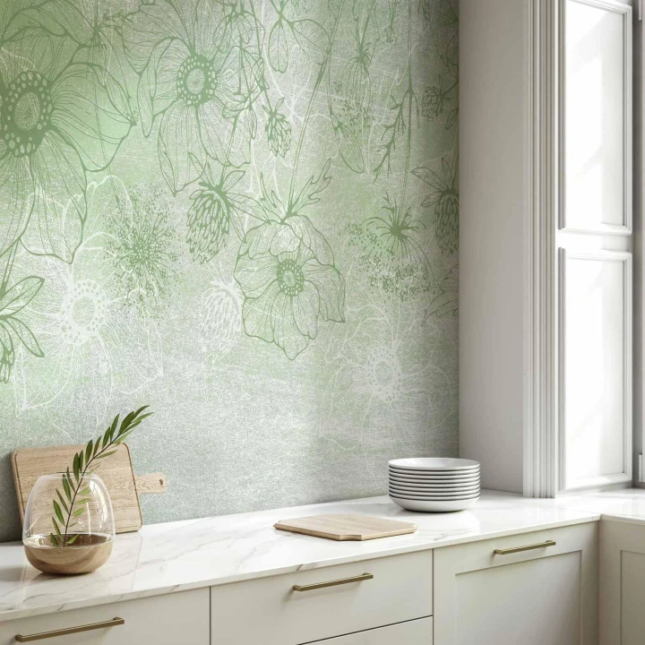Fototapeta - Kwiecista łąka - natura z polnymi kwiatami lineart na zielonym tle