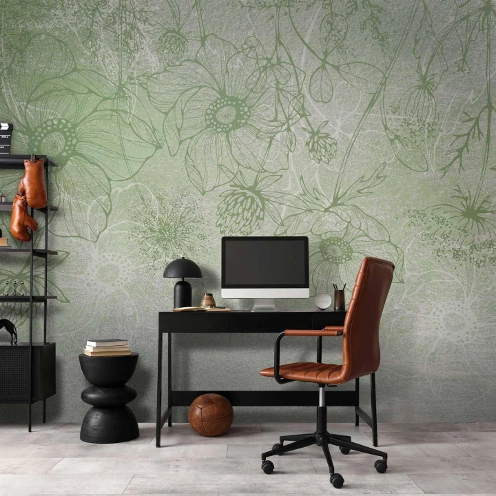 Fototapeta - Kwiecista łąka - natura z polnymi kwiatami lineart na zielonym tle
