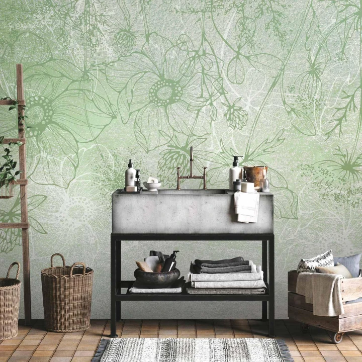 Fototapeta - Kwiecista łąka - natura z polnymi kwiatami lineart na zielonym tle